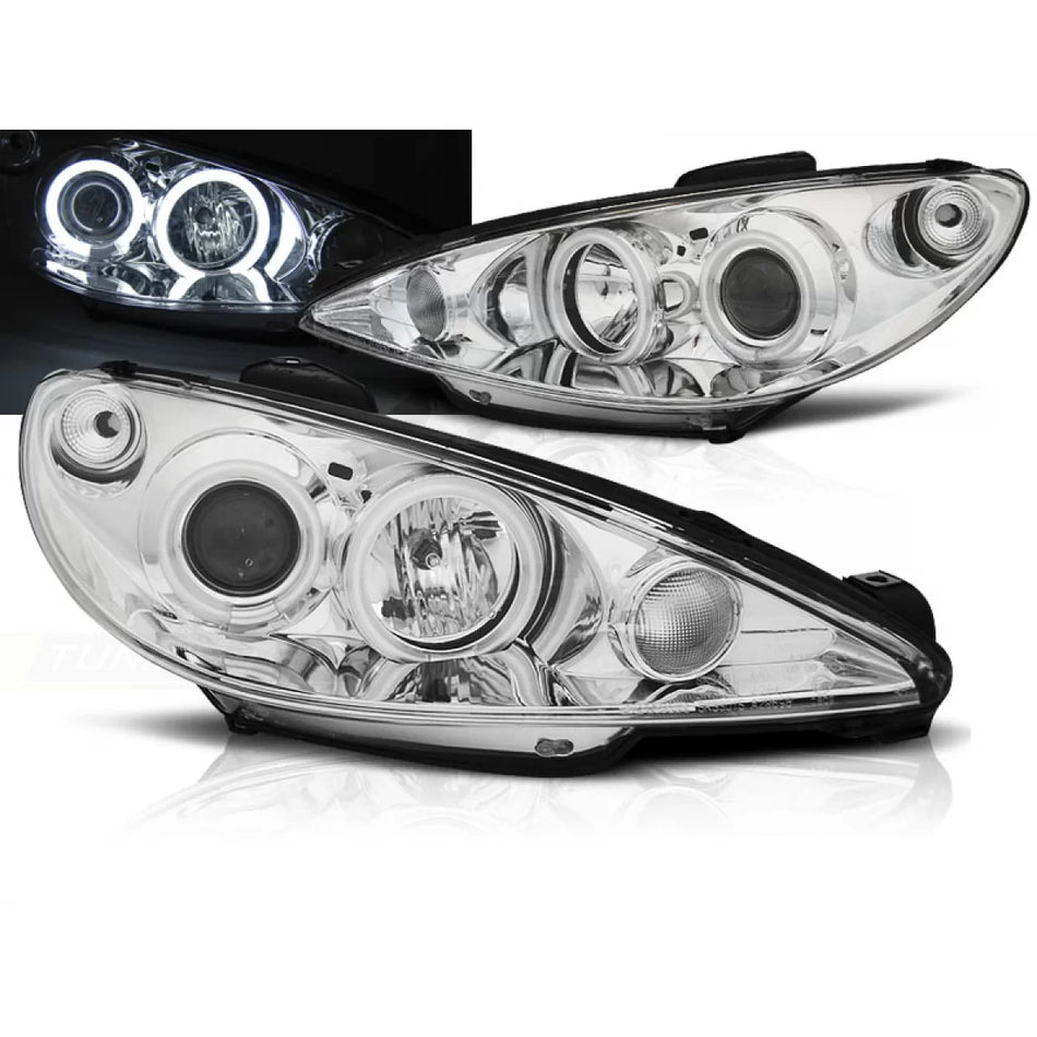 Fanali Angel Eyes Cromati CCFL per Peugeot 206 dal 2002