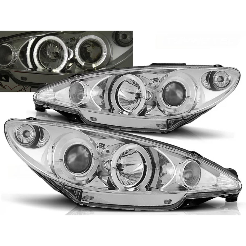 Fanali Angel Eyes Cromati Anteriori per Peugeot 206 10.98-02