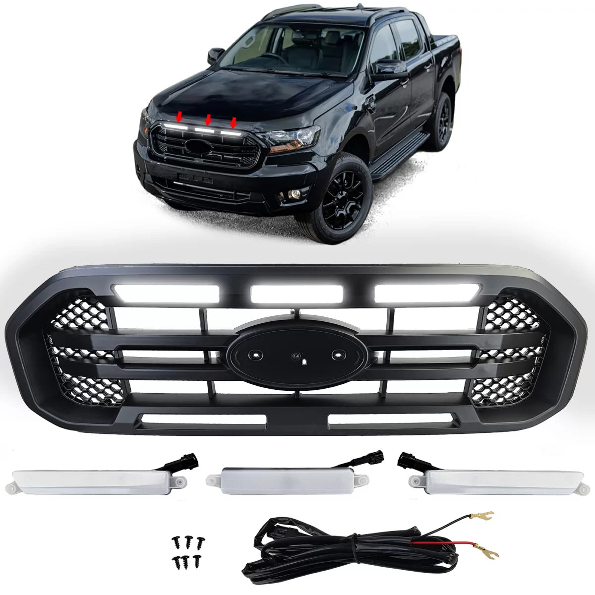 Griglia Anteriore Nera Doppia Barra con LED per Ford Ranger T8 19-23 2.0 Tdci