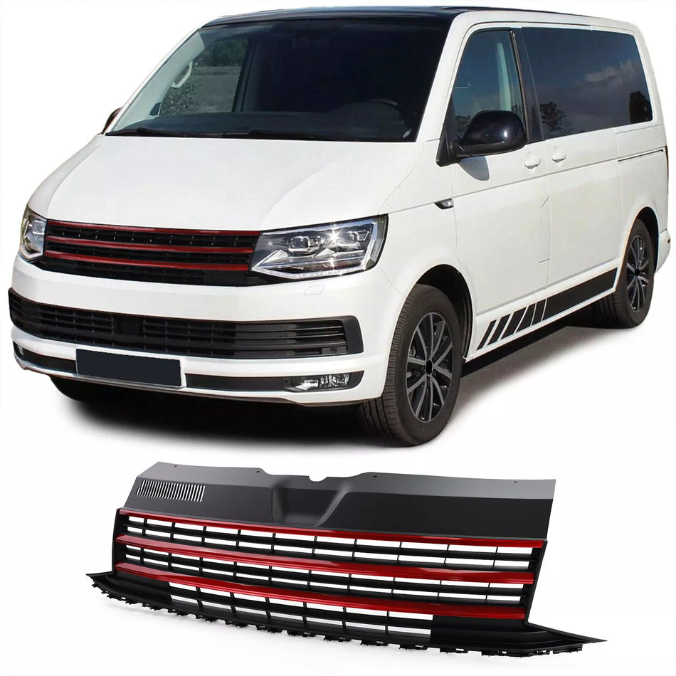 Griglia radiatore senza emblema + listelli rossi per VW T6 Bus Transporter 15-19