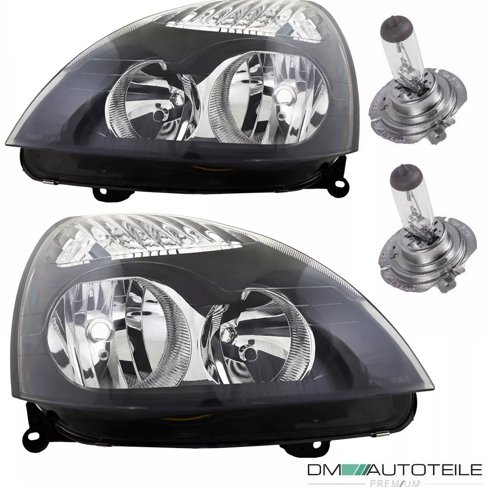 Set 2 fari Renault Clio II VETRO Nero H7/H1 01-05 + lampadine + GARANZIA