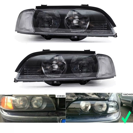 Set fari alogeni RE+ LI H7/HB3 Nero + FRECCE BIANCHE + MOTORE per BMW E39