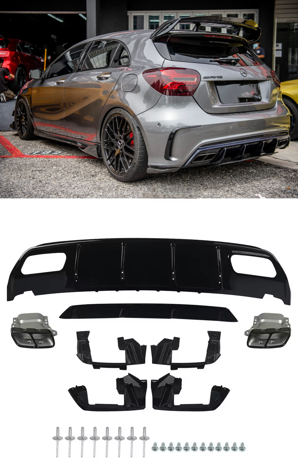 Diffusore A45 +Terminali NERI per Classe A W176 (2013-2018),Mercedes Posteriore