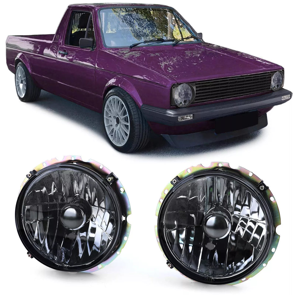 Coppia fari vetro trasparente nero fumo H4 per VW Caddy I 82-92 + Jetta I 79-84