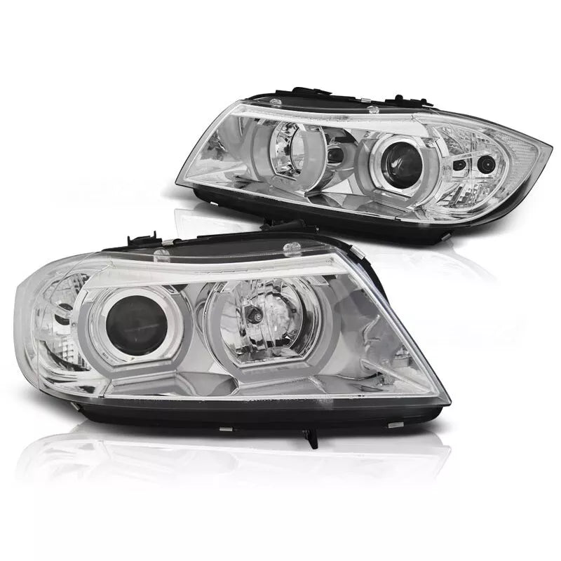 Fari allo xeno LED Angel Eyes per BMW Serie 3 E90/E91 2005-2008 cromo