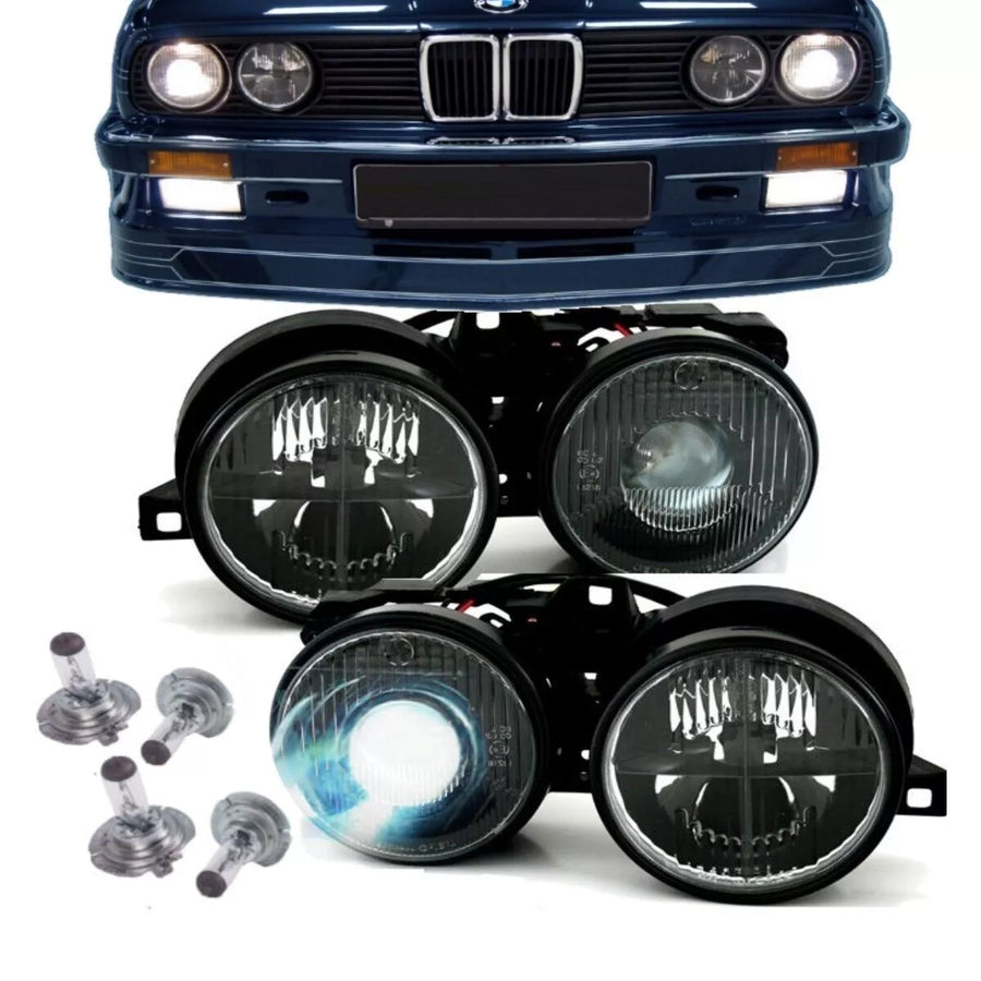 Fari neri con mirino + lente DE ottica Hella + lampadine H1 per BMW E30