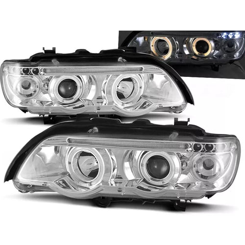 Set fari LED Angel Eyes cromati per BMW X5 E53 prima lifting 99-03