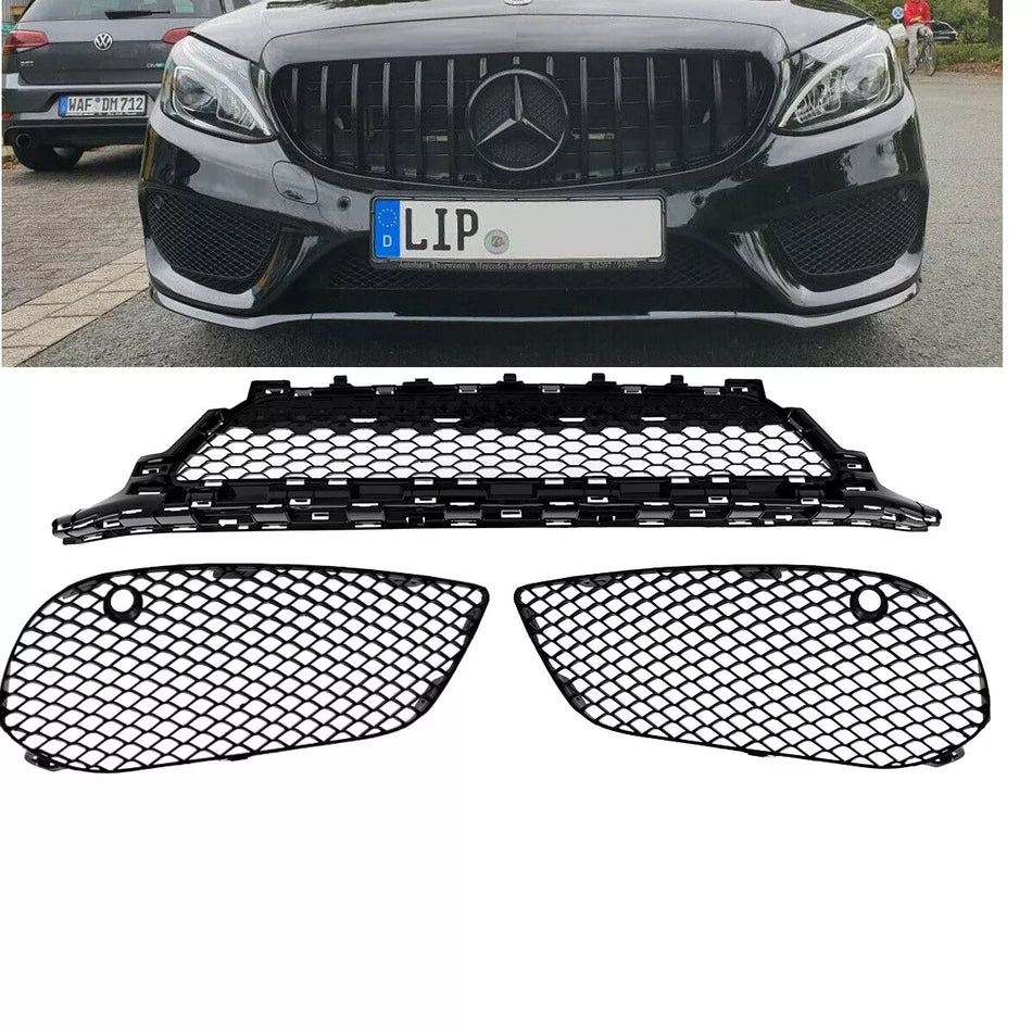 Set Griglia Paraurti Favi Nero Lucido per Mercedes W205 S205 14-18 AMG Line