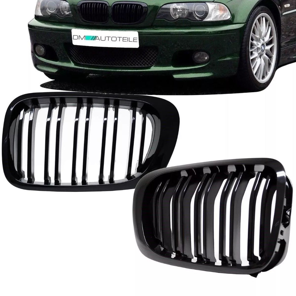 2x Griglia Nero Lucido doppia barra per BMW E46 Serie 3 Coupe Cabrio 99-03 Sport