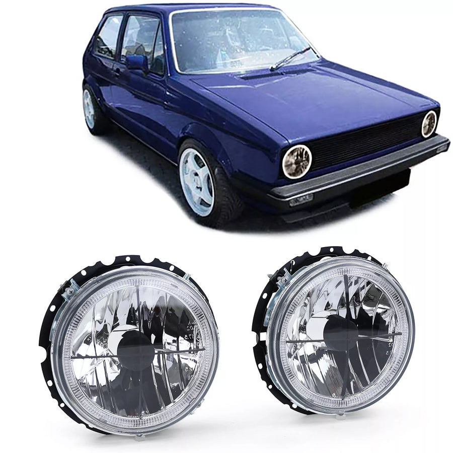 Fari vetro trasparente Angel Eyes + mirino nero per VW Golf 1 + Cabrio