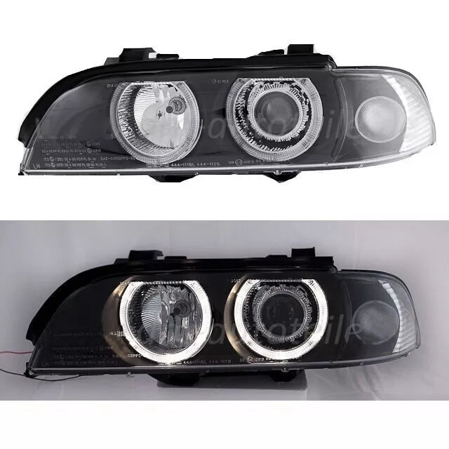 2x FANALI Angel Eyes neri BMW E39 95-00 H7/H7 + frecce bianche + motore