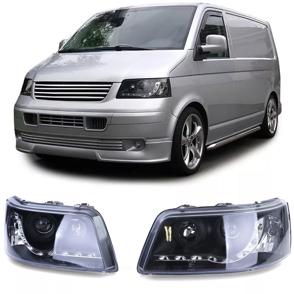 Faro proiettore + luce diurna a LED ottica nero per VW Transporter Bus T5 03-09