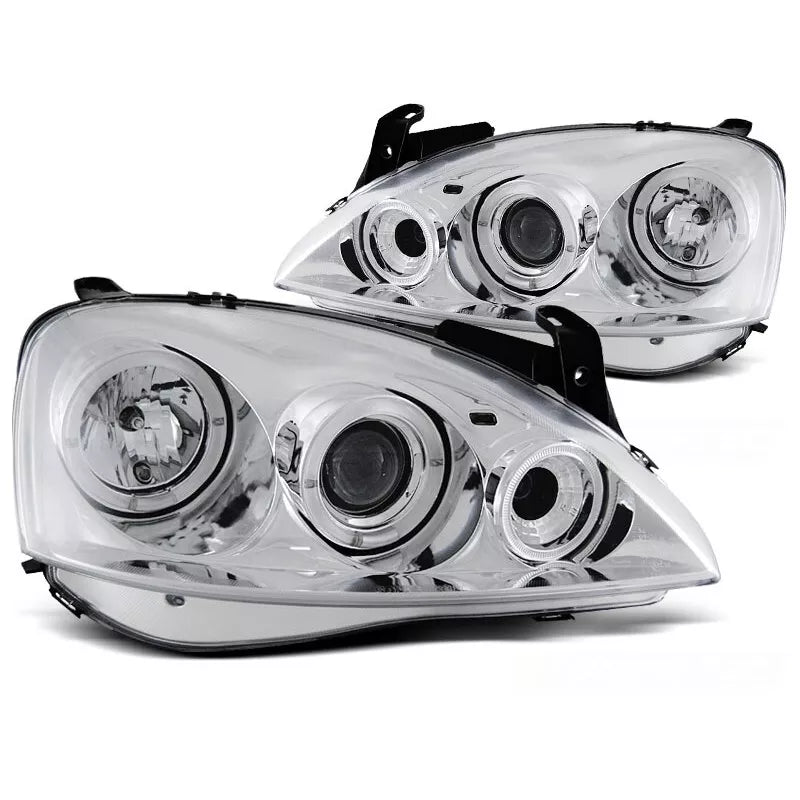 Fari Angel Eyes LED cromati per Opel Corsa C 2000 al 2006
