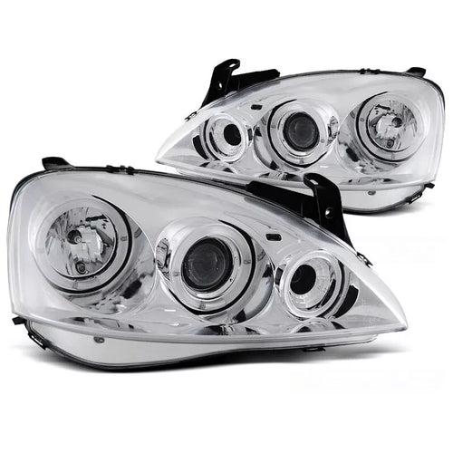 Fari Angel Eyes LED cromati per Opel Corsa C 2000 al 2006