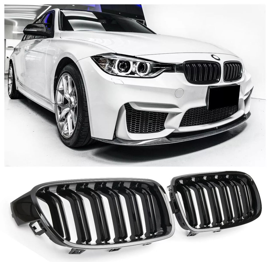 per BMW SERIE 3 F30 F31 SPORT GRIGLIA DOPPIA BARRA LUCIDA NERO