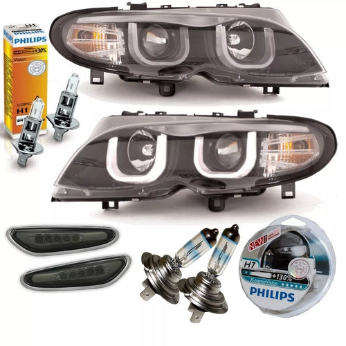 Fari FACELIFT Nero U LED Angel Eyes + frecce per BMW E46 01-05