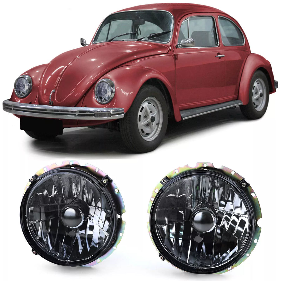 Coppia fari vetro trasparente nero fumo H4 per VW Maggiolino + Cabrio dal 73