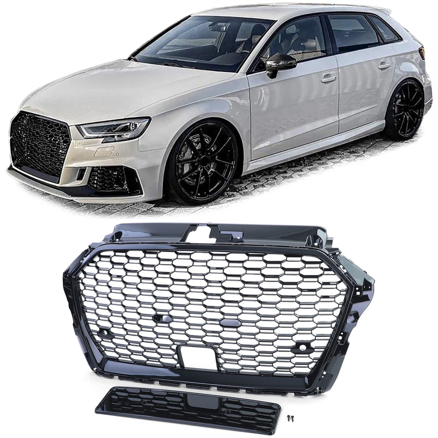 Griglia radiatore sportiva a nido d'ape nera lucida per Audi A3 8V 16-20 + ACC