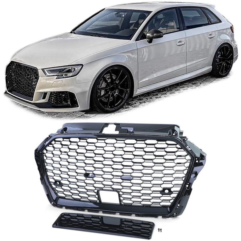 Griglia radiatore sportiva a nido d'ape nera lucida per Audi A3 8V 16-20 + ACC
