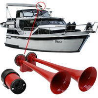 Clacson fanfara barca 2 suoni + 2 corna in metallo rosso + compressore 12 volt