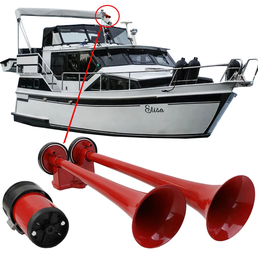 Clacson fanfara barca 2 suoni + 2 corna in metallo rosso + compressore 12 volt