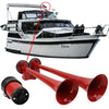 Clacson fanfara barca 2 suoni + 2 corna in metallo rosso + compressore 12 volt
