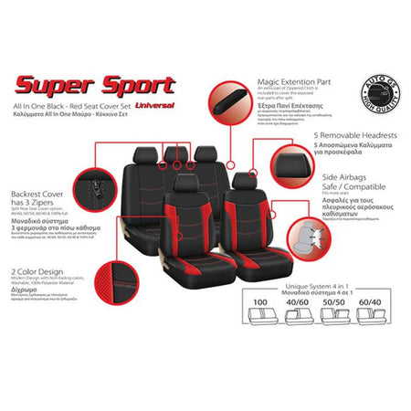 Copri Sedili Super Sportivi Neri-rossi Set 11 Pezzi per Auto