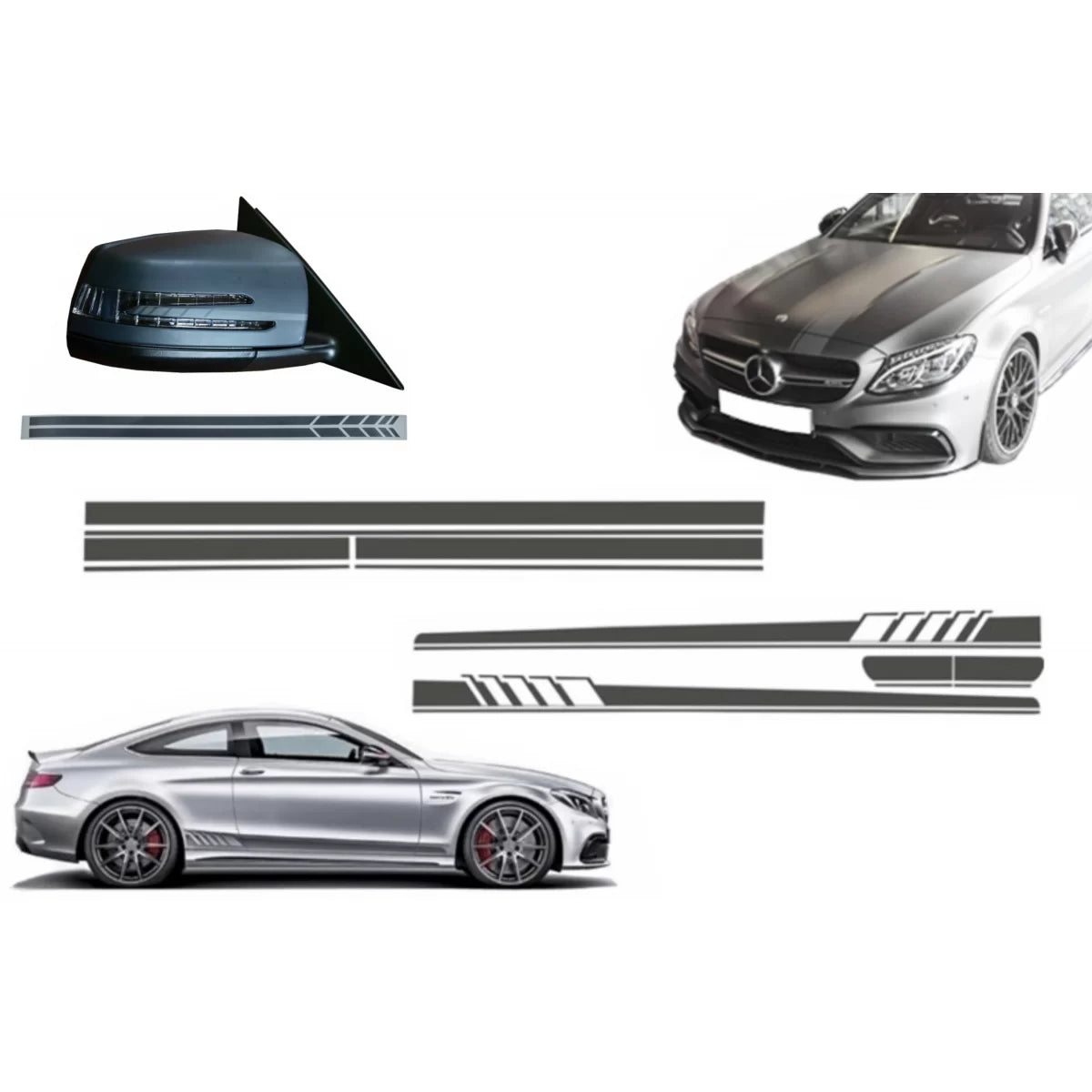 Set Adesivi Cofano Tetto Portellone Specchietti Grigio Scuro per Mercedes C205