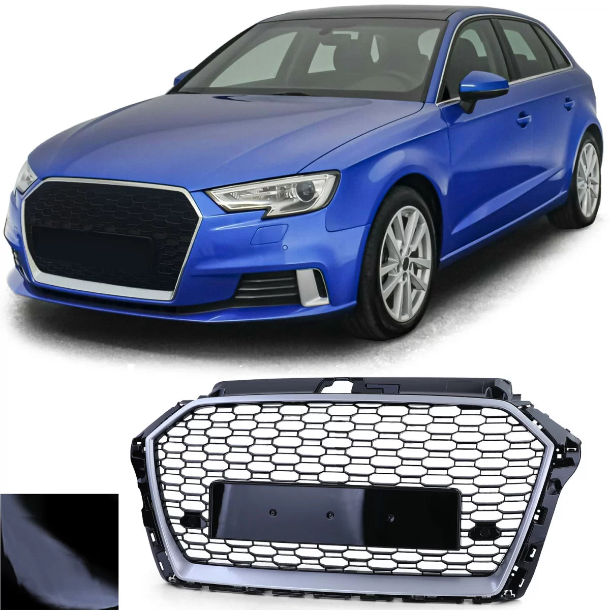 Griglia Sportiva Nido D'ape Nero Lucido Argento per Audi A3 8V 16-20 Senza ACC
