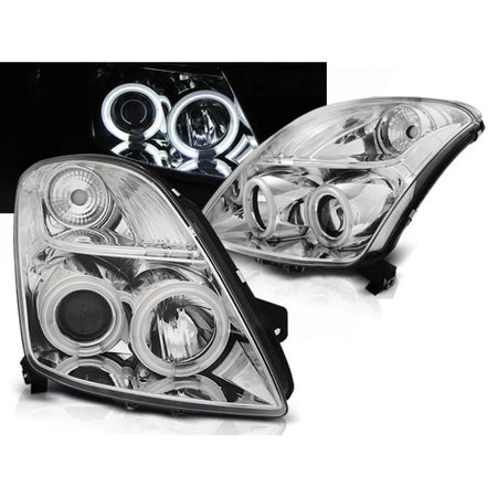 Fanale Anteriore CCFL Angel Eyes Cromato per Suzuki Swift 05.05-10