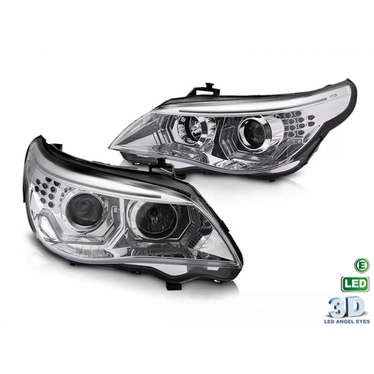 Fari Tuning con Angel Eyes LED 3D Cromati Anteriore Dx Sx BMW Serie 5 E60