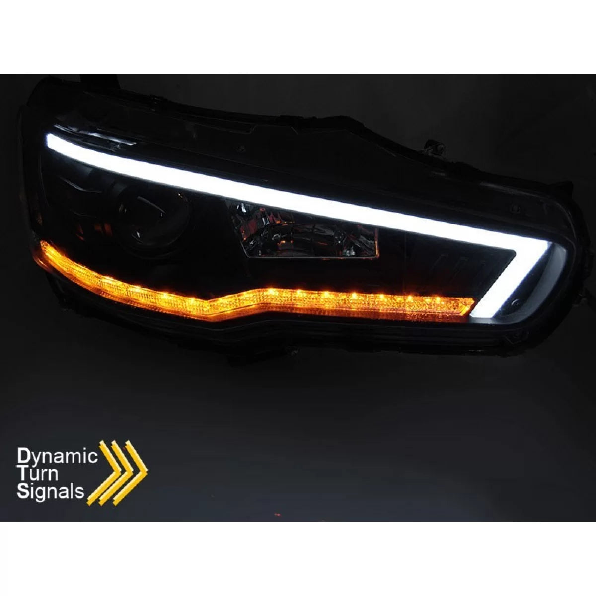 Fari Anteriori Neri con Frecce Dinamiche per Mitsubishi Lancer 2008-2016 Dx e Sx