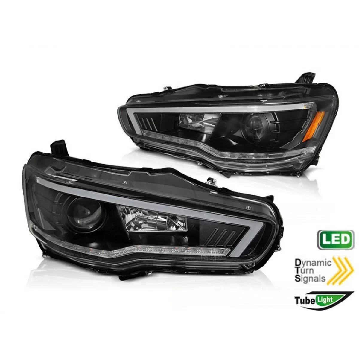 Fari Anteriori Neri con Frecce Dinamiche per Mitsubishi Lancer 2008-2016 Dx e Sx