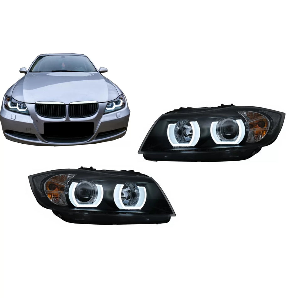 Fari Anteriori LED 3D Halogeni Neri per BMW Serie 3 E90 E91 2005-2008 LHD