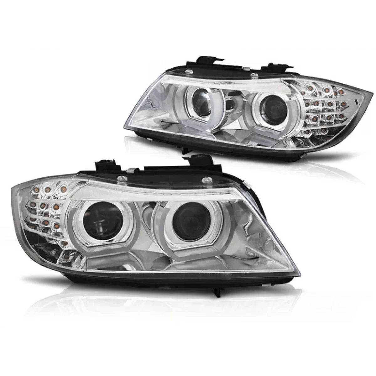 Fari Xenon Angel Eyes LED con Luci Diurne Cromati per BMW E90 E91 09-11